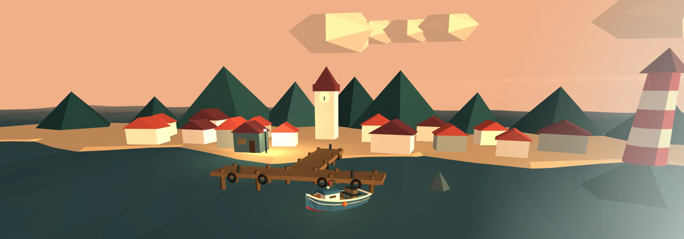 The bay in the app at dusk: the town, the pier, a boat moored and the lighthouse